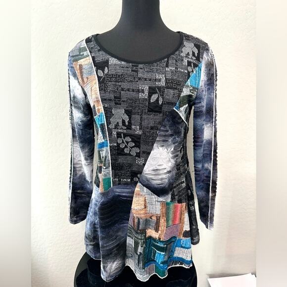 KAMANA | Black Multicolor Abstract Print Tunic Top Artsy Long Sleeve | Small - Picture 2 of 8